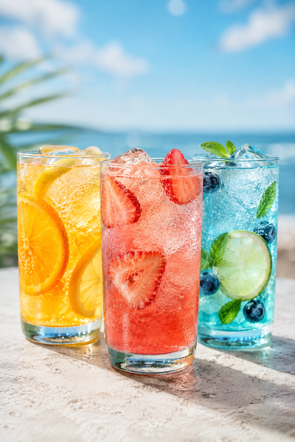 夏空の下に並ぶ3色のフルーツソーダ
